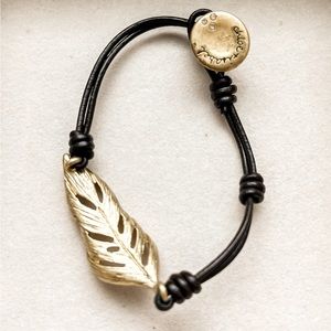 Chloe + Isabel | Gold Leaf Bracelet | Black Leather Cord | Slip Knots